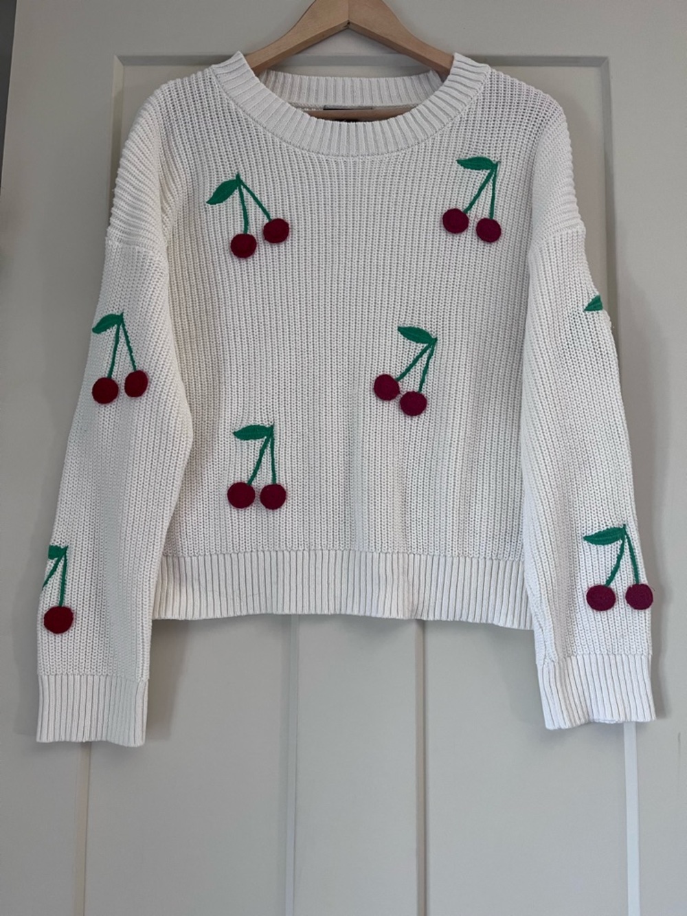 Cynthia Rowley Off-White Cherry-Appliqué Crewneck Sweater